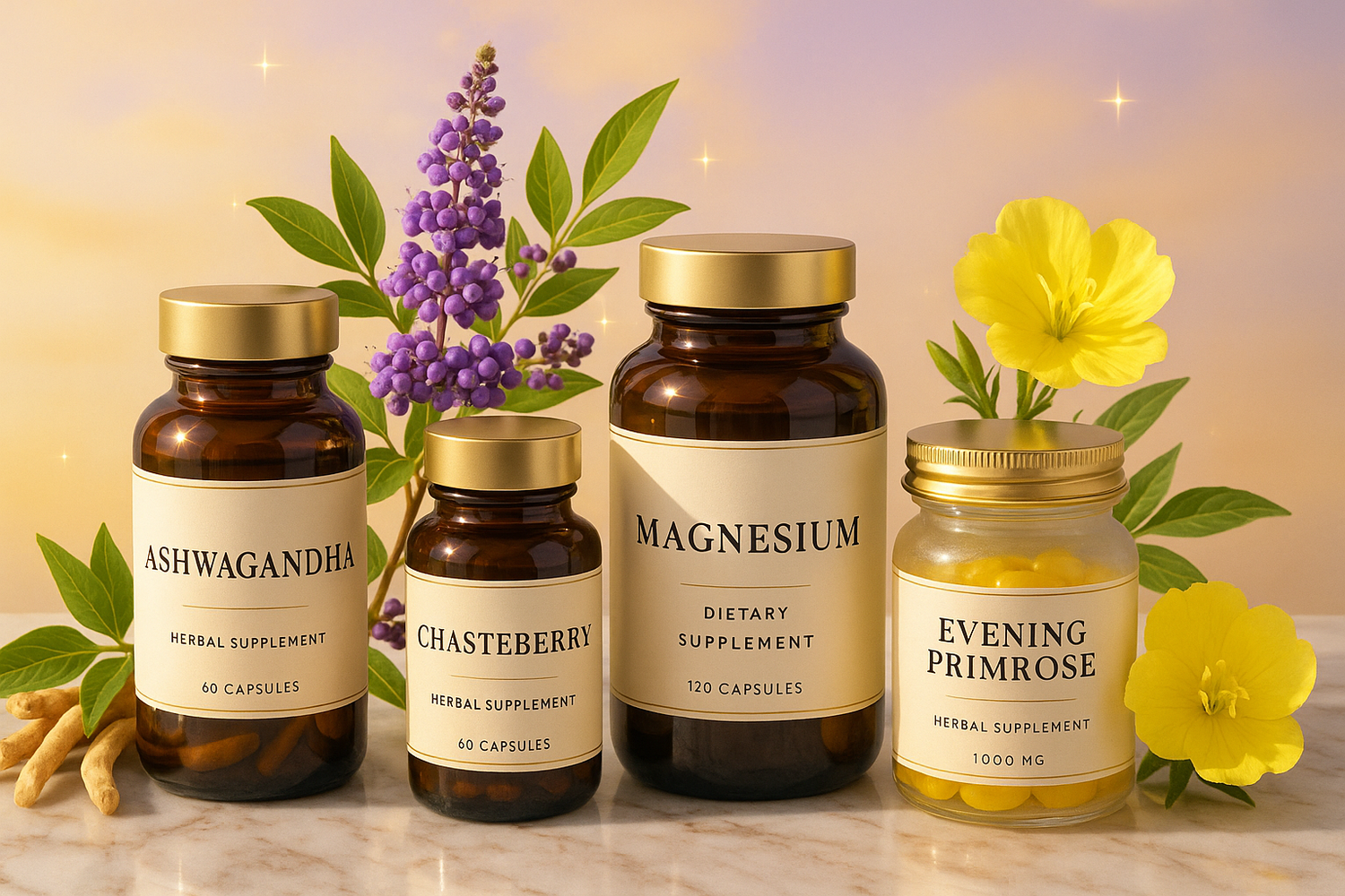Magnesium & Herbal Supplements (Ashwagandha, Chasteberry, Evening Primrose)