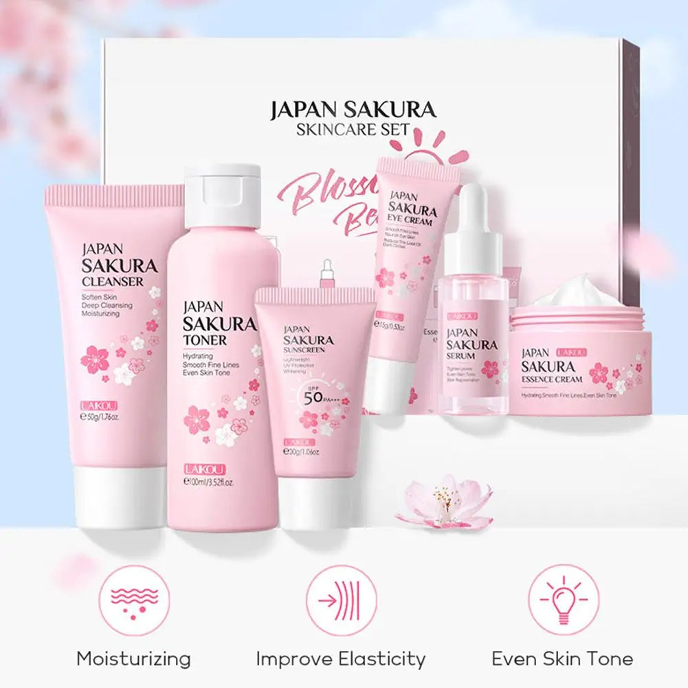 Sakura Skincare Gift Set (6-Piece) – Cleanser, Toner, Serum, Cream, Eye Cream & Sunscreen