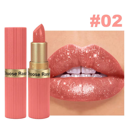 Pearlescent Pink Glitter Lipstick – Waterproof Metallic Velvet Diamond Shine Lip Color✨