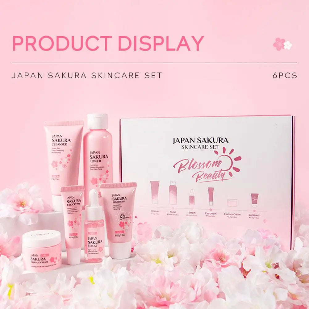 Sakura Skincare Gift Set (6-Piece) – Cleanser, Toner, Serum, Cream, Eye Cream & Sunscreen