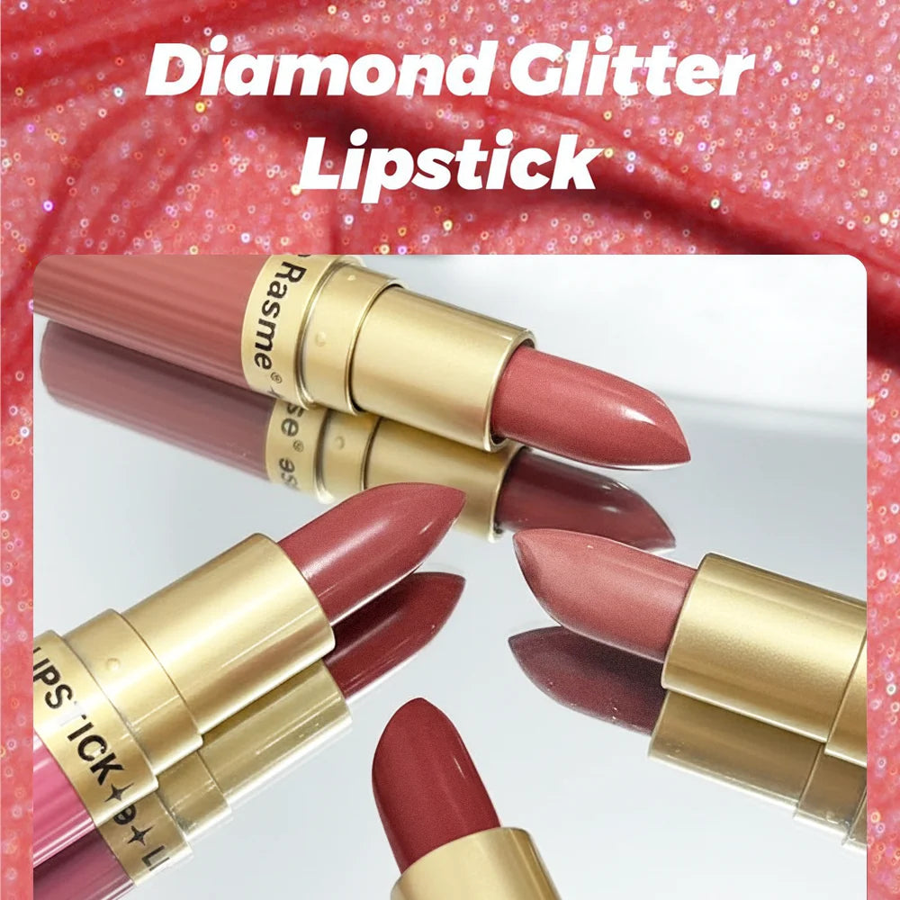 Pearlescent Pink Glitter Lipstick – Waterproof Metallic Velvet Diamond Shine Lip Color✨