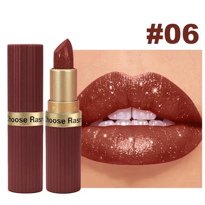 Pearlescent Pink Glitter Lipstick – Waterproof Metallic Velvet Diamond Shine Lip Color✨