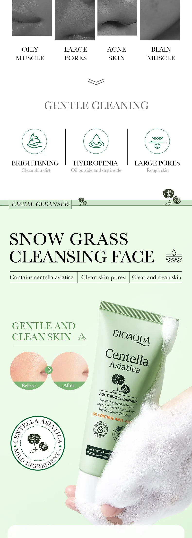 BIOAQUA Centella Asiatica Foam Cleanser – Moisturizing & Oil Control Face Wash