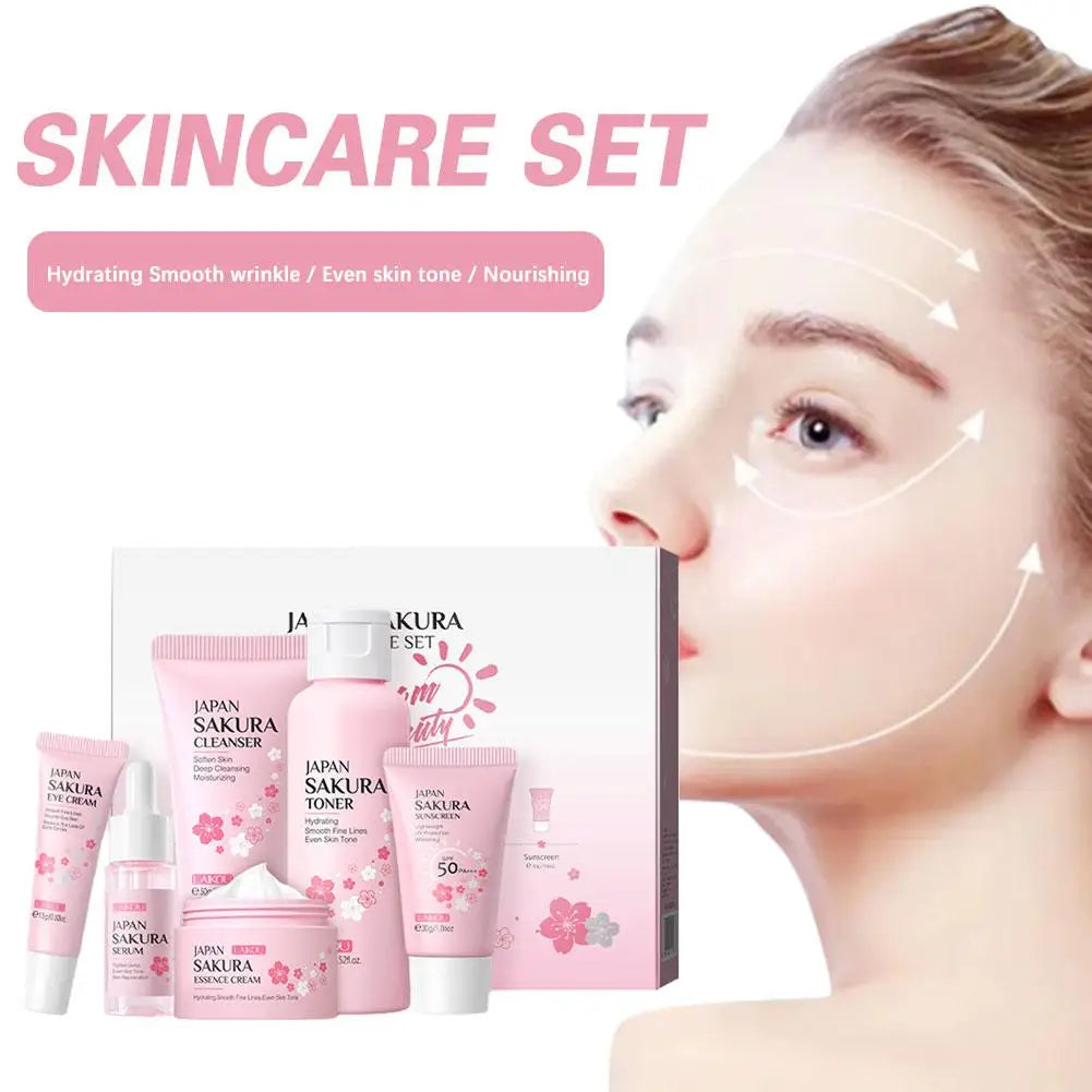 Sakura Skincare Gift Set (6-Piece) – Cleanser, Toner, Serum, Cream, Eye Cream & Sunscreen