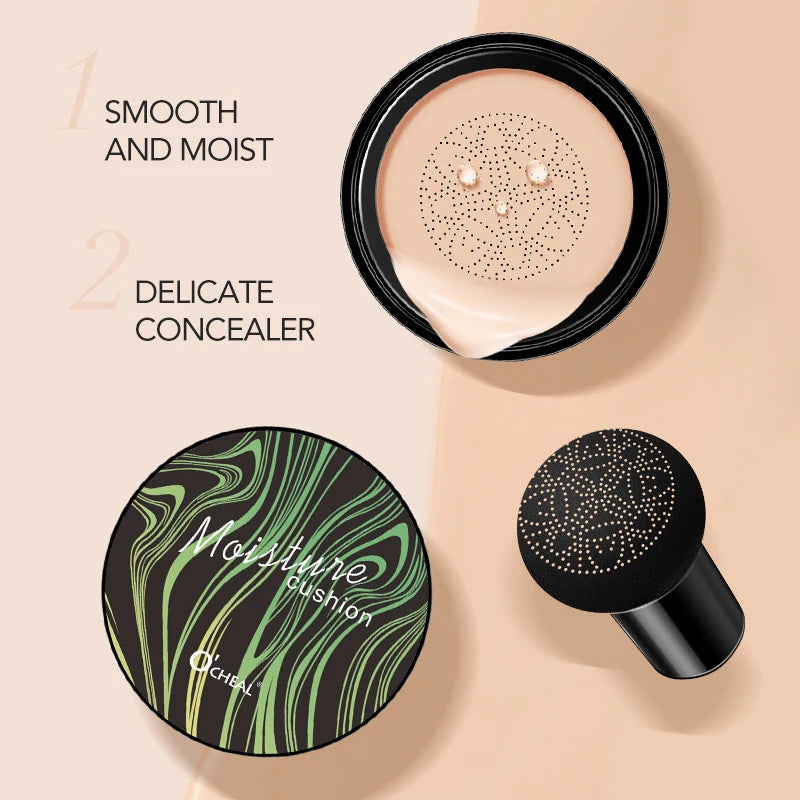 Ocheal Air Cushion BB Cream Compact – Full Coverage Foundation & Concealer with Mushroom Puff Applicator✨