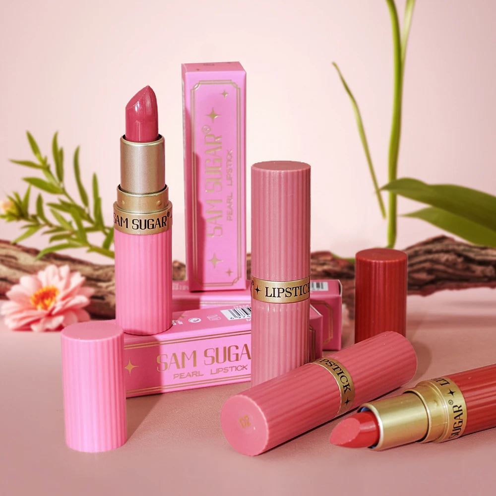 Pearlescent Pink Glitter Lipstick – Waterproof Metallic Velvet Diamond Shine Lip Color✨