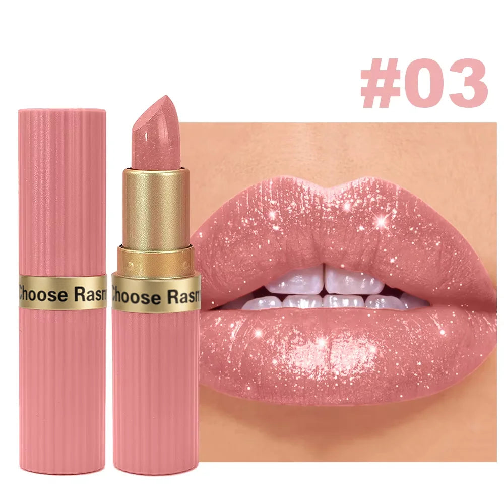 Pearlescent Pink Glitter Lipstick – Waterproof Metallic Velvet Diamond Shine Lip Color✨