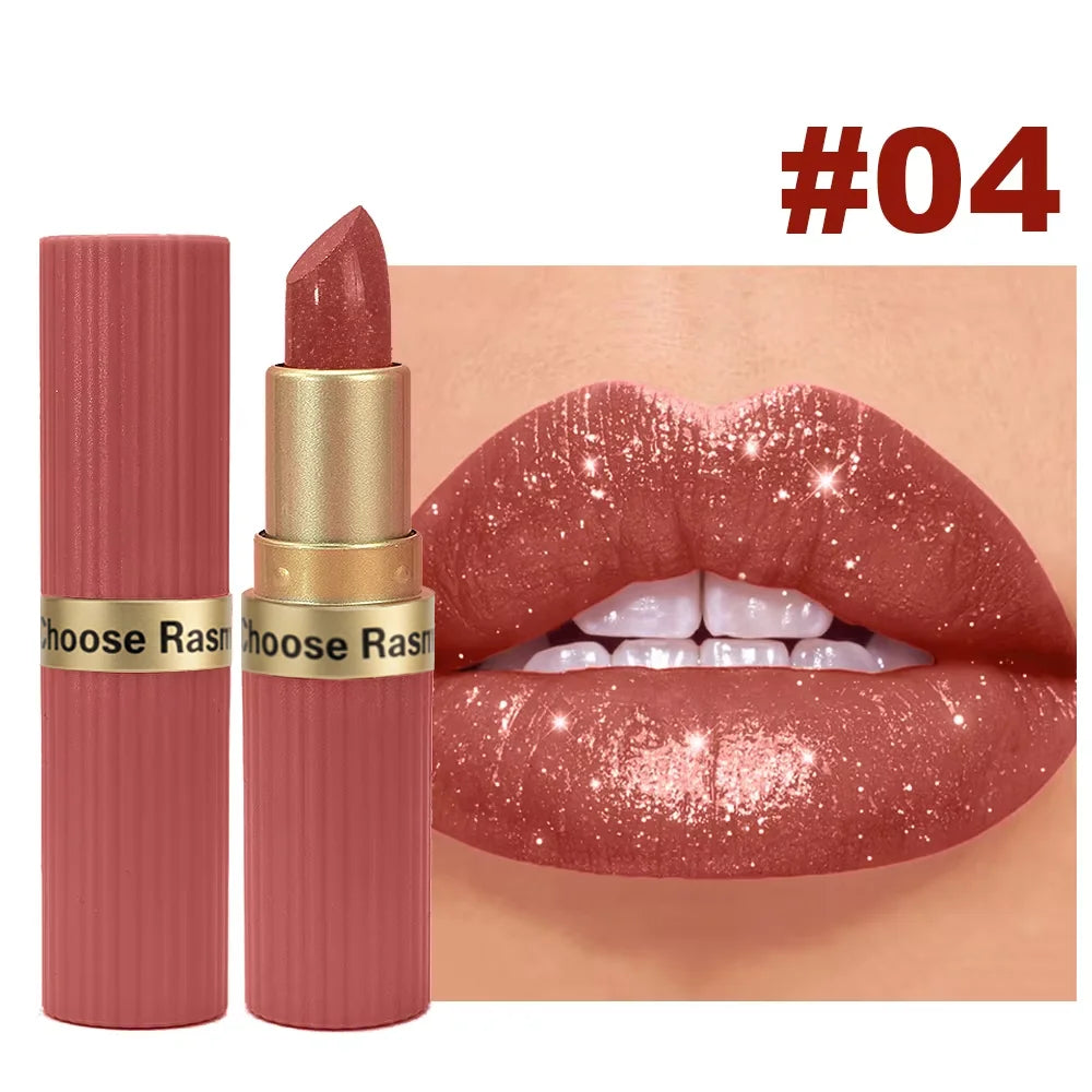 Pearlescent Pink Glitter Lipstick – Waterproof Metallic Velvet Diamond Shine Lip Color✨