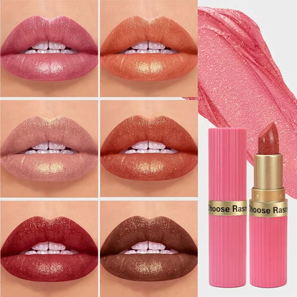 Pearlescent Pink Glitter Lipstick – Waterproof Metallic Velvet Diamond Shine Lip Color✨