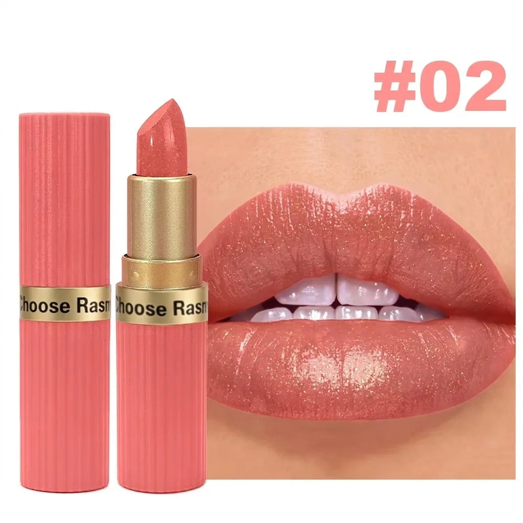 Pearlescent Pink Glitter Lipstick – Waterproof Metallic Velvet Diamond Shine Lip Color✨