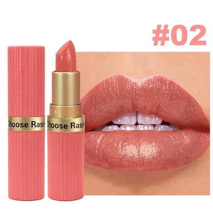 Pearlescent Pink Glitter Lipstick – Waterproof Metallic Velvet Diamond Shine Lip Color✨