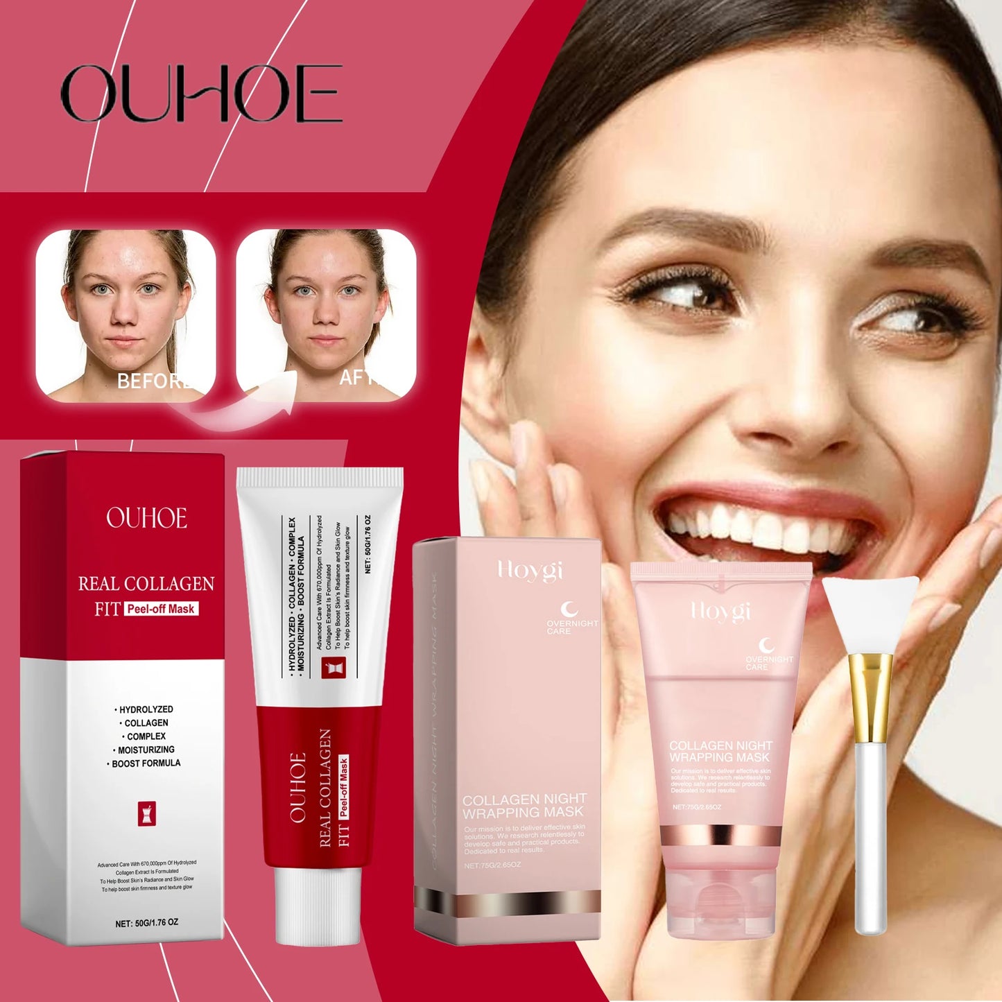 Ouhoe Collagen Peel-Off Mask with Brush – Firming, Hydrating Care & Anti Wrinkle