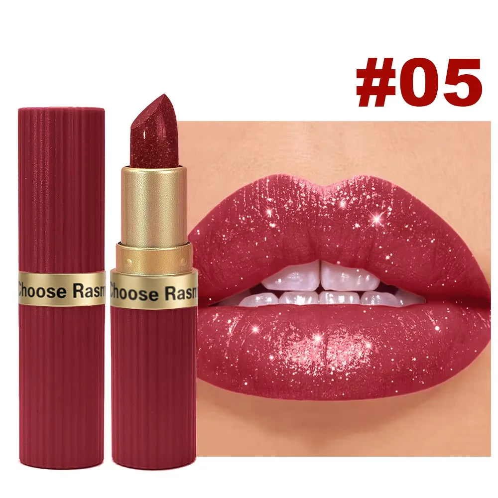 Pearlescent Pink Glitter Lipstick – Waterproof Metallic Velvet Diamond Shine Lip Color✨