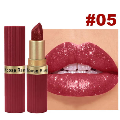 Pearlescent Pink Glitter Lipstick – Waterproof Metallic Velvet Diamond Shine Lip Color✨