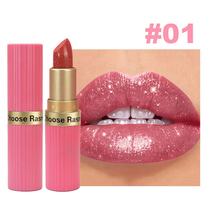 Pearlescent Pink Glitter Lipstick – Waterproof Metallic Velvet Diamond Shine Lip Color✨